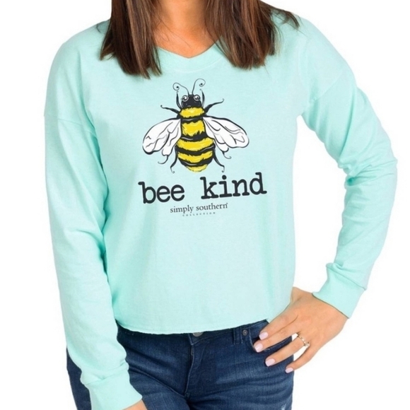 Simply Southern Tops - Simply Southern Bee Kind Long Sleeve Medium Blue Cropped Tshirt